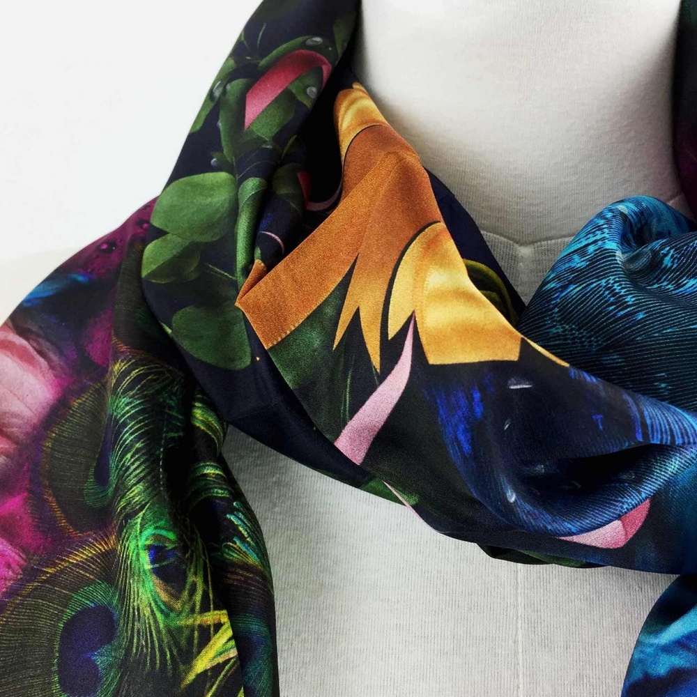 Peacock Feathers, Pink Rose & Wings Long Pure Silk Scarf - Picture 11 of 17